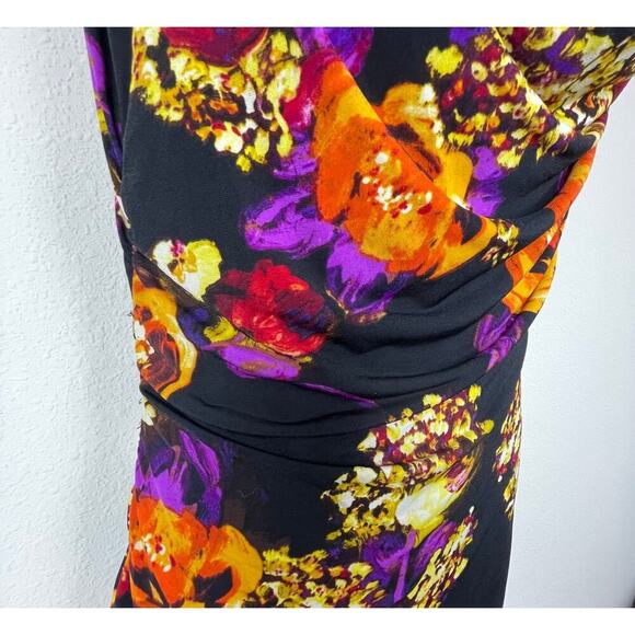 Ronni Nicole Dress 10 Black Floral Ruched Shift Knee Length Cowl Neck - Picture 4 of 7